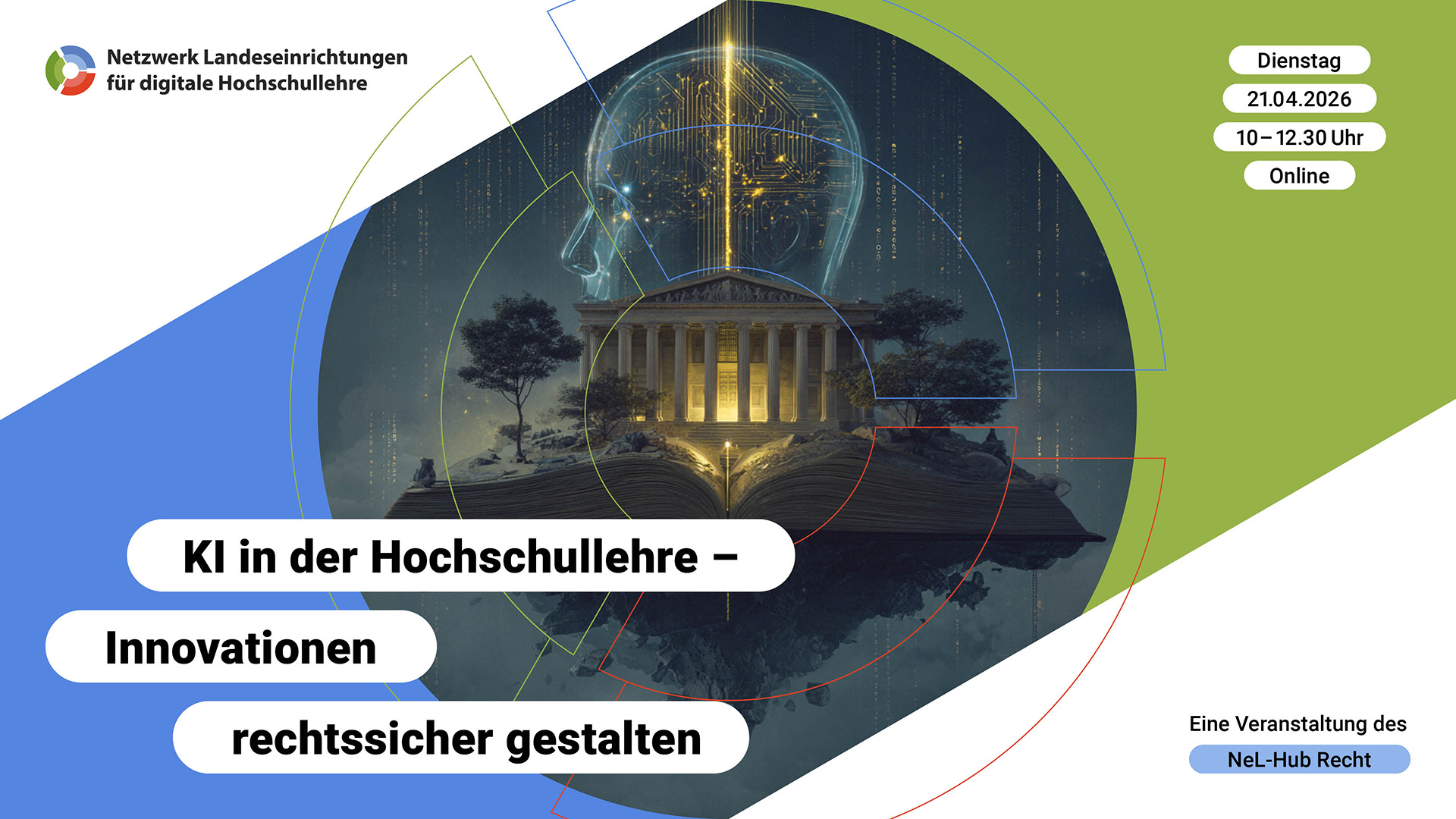 Titelbild mit aufgeschlagenem Buch vor einer Säulenhalle. Darauf der Titel "KI in der Hochschullehre - Innovationen rechtssicher gestalten.