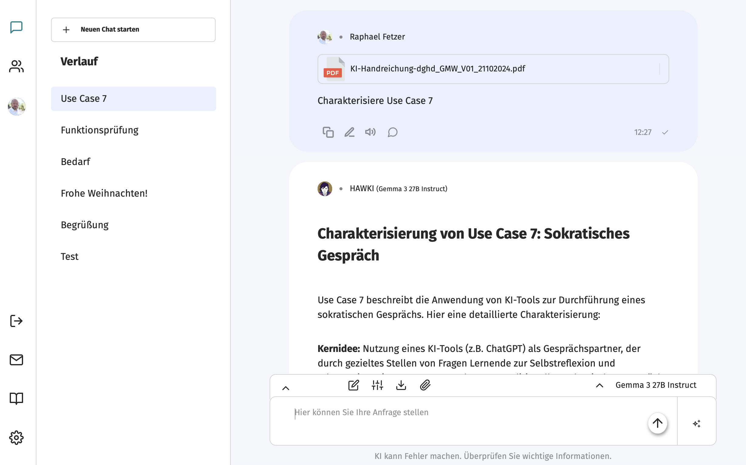 Screenshot von HAWKI2 mit Charakterisierung von Use Case 7: Sokratisches Gespräch