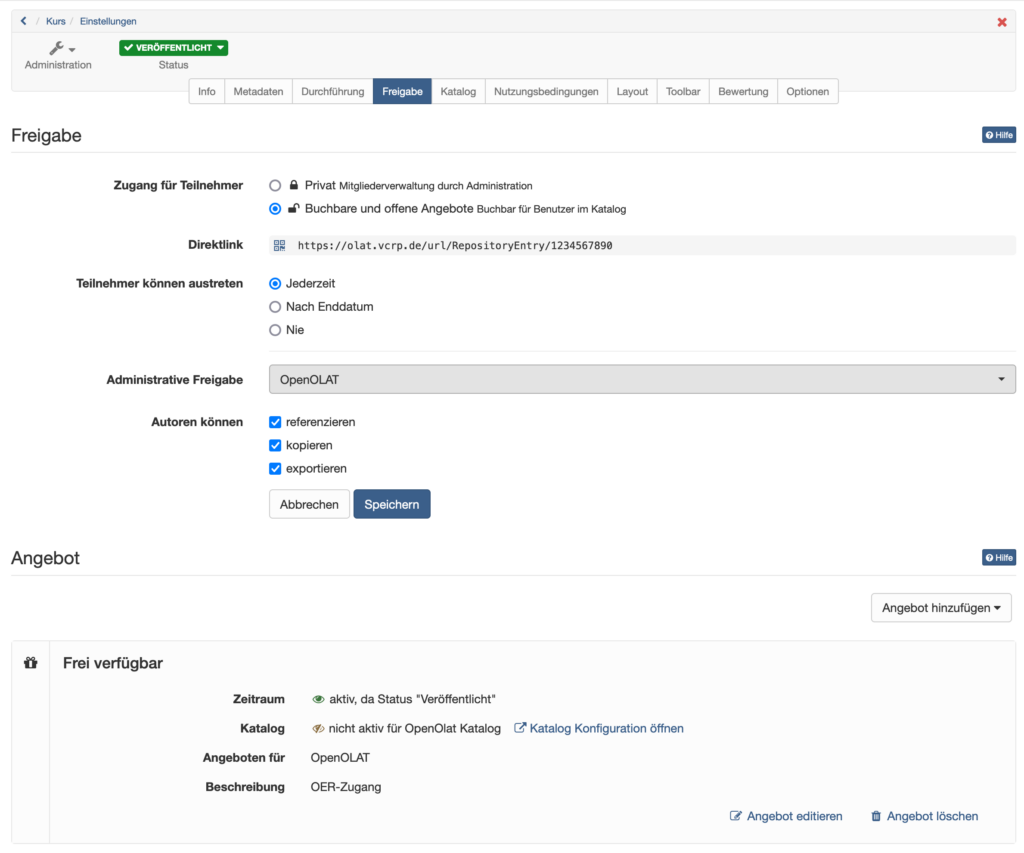 Screenshot zur Freigabe von OpenOlat-Kursen