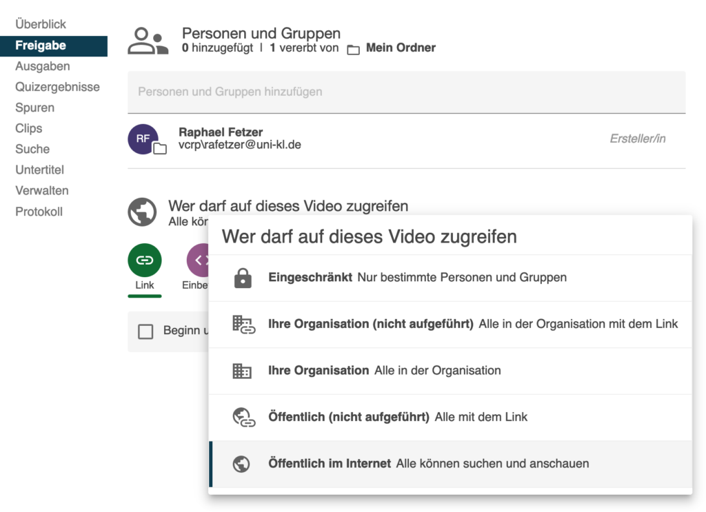 Screenshot zur Freigabe von Panopto-Videos